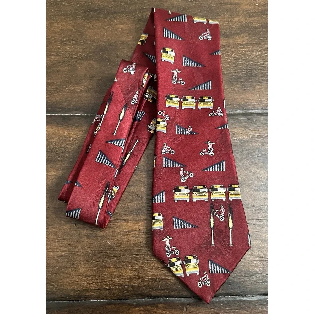 After Dark Daredevil Stunt Novelty Tie‎ Motorcycle School Bus Flames Red Silk